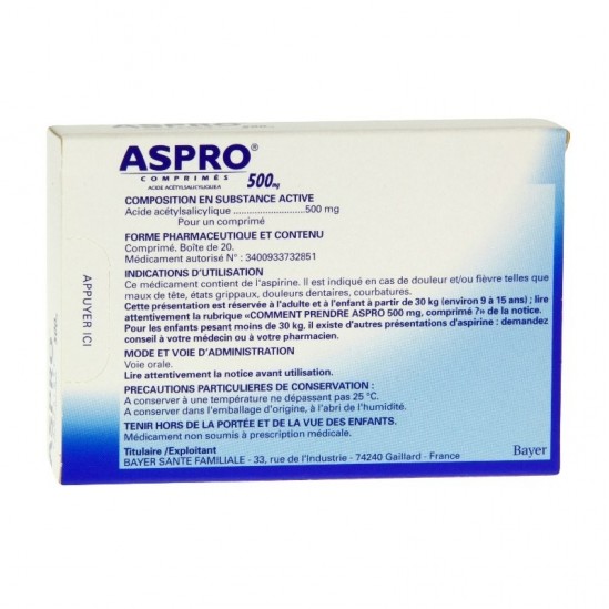 ASPRO 500mg 20 comprimés