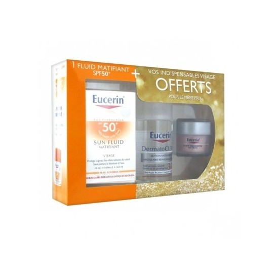 Eucerin Coffret Sun Fluide matifiant SPF 50+ 50 ml + DermatoClean Lotion 125 ml + Even Brighter 20 ml offerts