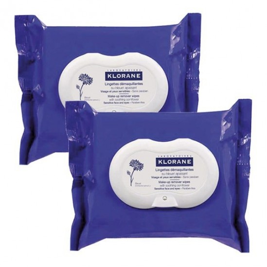 Klorane Lingettes Démaquillantes Apaisantes au Bleuet Pack de 25 Lot de 2