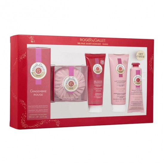 Roger & Gallet coffret gingembre rouge eau parfumée 100ml savon 100g gel douche 50ml lait corps 50ml et crème mains 30ml