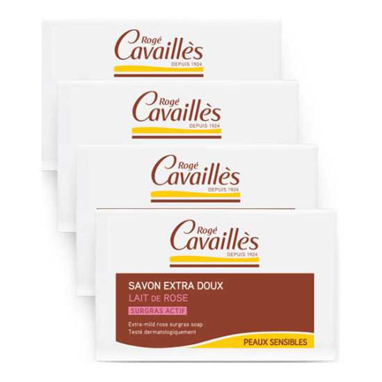 Rogé Cavaillès Savon Surgras Extra-Doux Lait de Rose Lot de 3x250g + 1 Gratuit