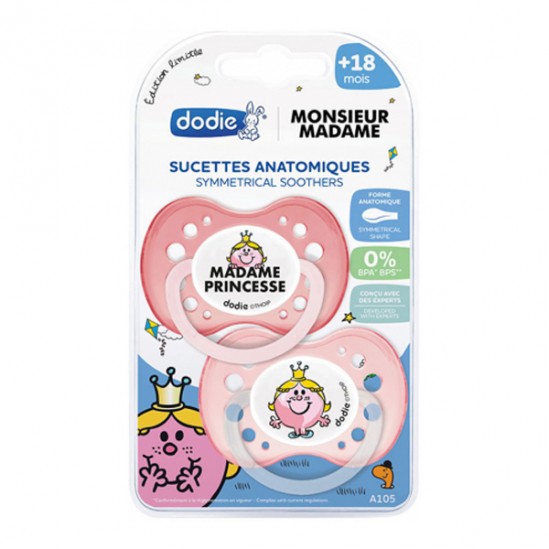 Dodie lot de 2 sucettes anatomiques silicone +18 mois Me princesse