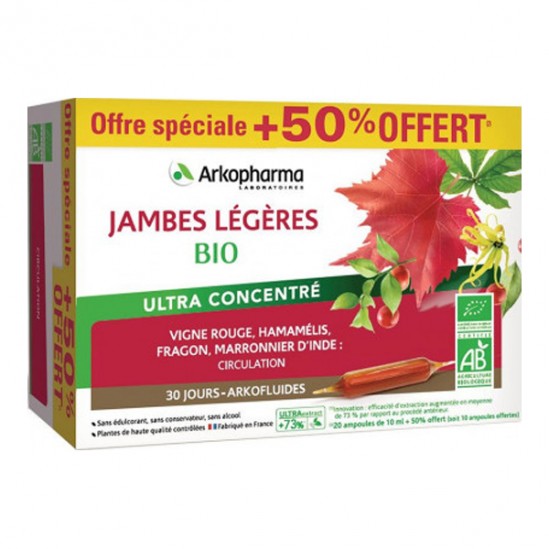 Arkopharma  arkofluides bio jambes légères 20 ampoules + 10 offertes